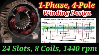 Single Phase 24 Slots 4 Pole High Speed Motor Winding Design ll 1440 rpm Motor Winding connection [upl. by Yknip]