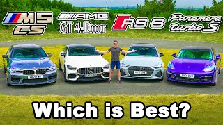 BMW M5 CS v AMG GT v Audi RS6 v Porsche Panamera REVIEW amp 060mph 14 mile brake amp drift test [upl. by Yelsel151]