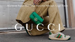 GUCCI UNBOXING  REVIEW  Marmont Super Mini Bag Screener Sneakers Gucci Logo Socks  woahstyle [upl. by Ecniuq]