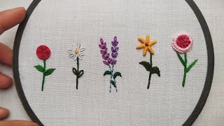 HAND EMBROIDERY FOR BEGINNERS  5 Amazing Flowers Embroidery Tutorial  Lets Explore [upl. by Atsocal926]