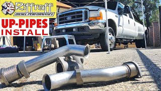 2001 F350 73  RiffRaff UpPipes Install  Stock up pipes leaking and falling apart JUNK SP [upl. by Erika]