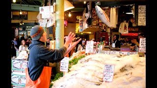 Flying Fish throwing attraction at Pike Place Market in Seattle WA [upl. by Fanni]